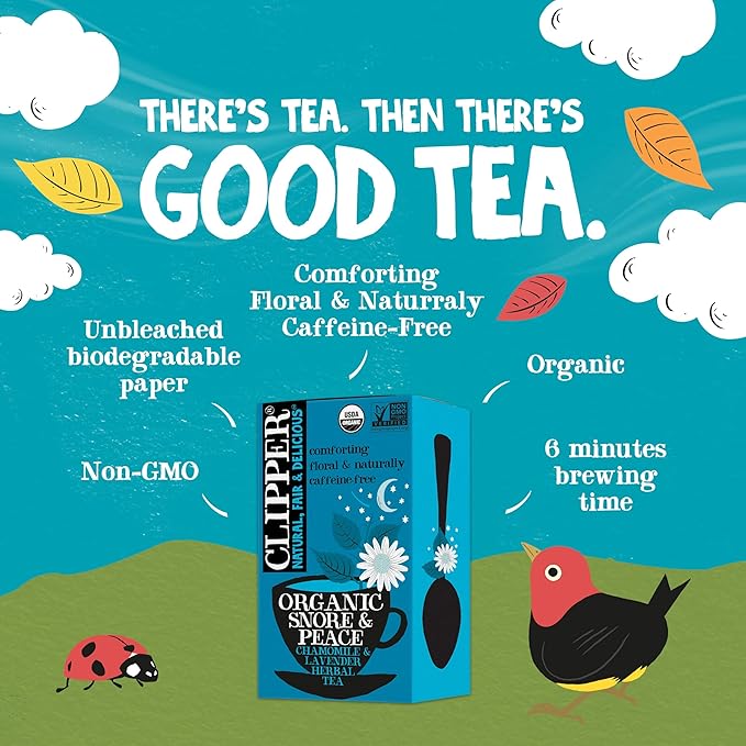 Clipper Tea Snore and Peace Chamomile & Lavender Herbal Tea – Caffeine Free, USDA Organic, Great Hot or Iced – Comfortingly Floral, Natural, Fair & Delicious – 20 Tea Bags