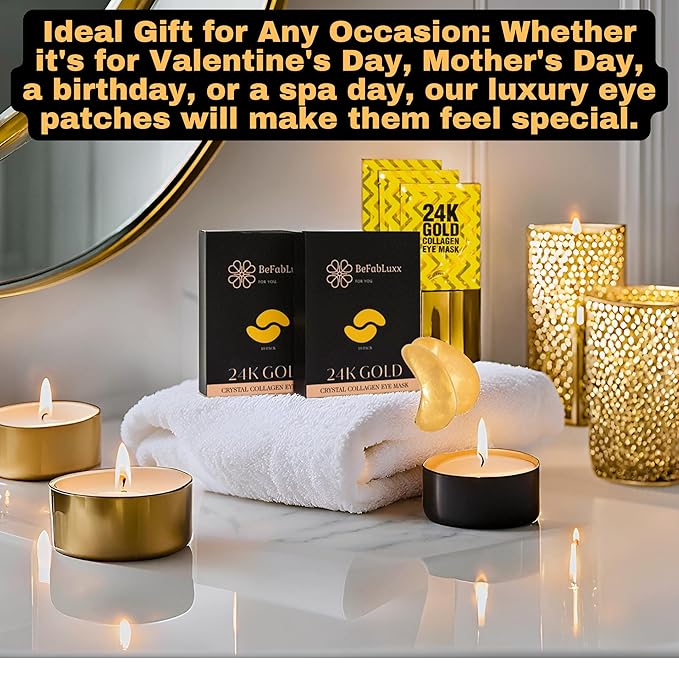 24K Gold Under Eye Patches (20 Pairs) Anti-Aging, Hydrating, Depuffing, Dark Circles, Wrinkles, Collagen & Hyaluronic Acid Eye Masks,Eye Gels Pads, Undereye Bags, Gift, Natural Cruelty-Free