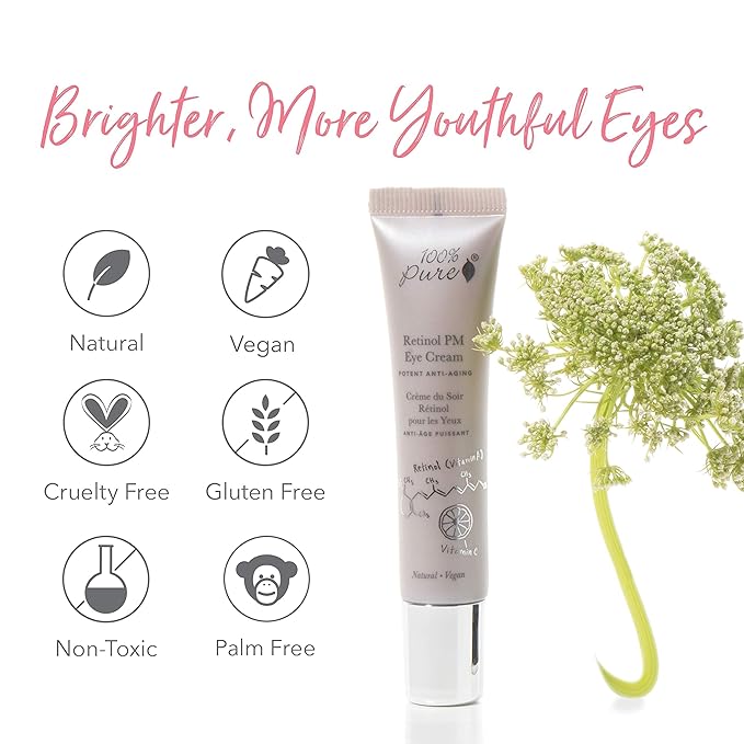 100% PURE Retinol Eye PM Cream, Anti-Aging Eye Cream for Wrinkles, Pure Retinol Cream, Wrinkle Cream Promotes Collagen (0.5 oz)