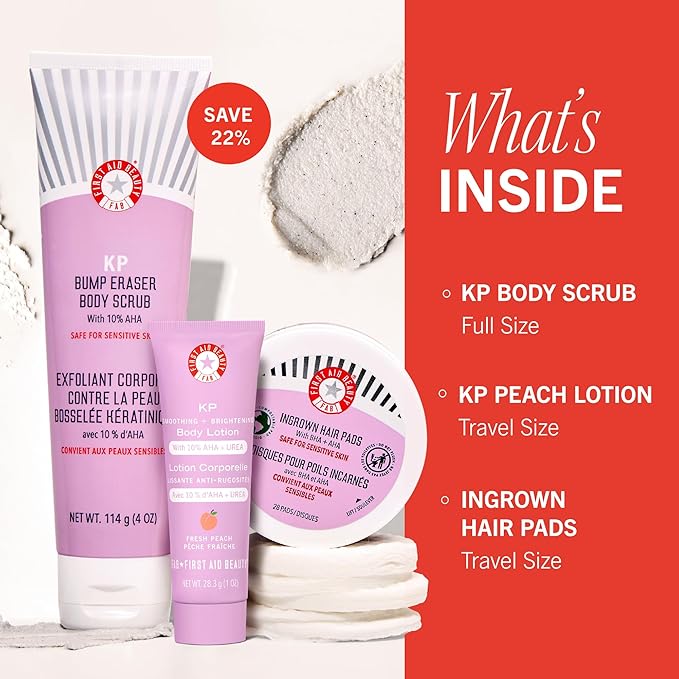 First Aid Beauty Soft + Smooth Starter Body Kit: KP Bump Eraser Body Scrub, 4 oz, Smoothing + Brightening Lotion (Peach), 1oz, & Ingrown Hair Pads, 28 Pads, Exfoliation & Hydrating Skin Care Set, 3ct