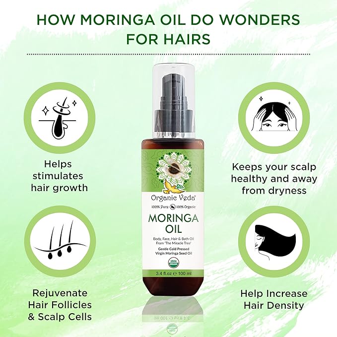 Organic Veda Moringa Oil Virgin 100% Pure & USDA Organic - Multi Purpose, Face, Hair & Skin, Nails, Fast Absorbing, Moisturizing & Beautifying - The Miracle Tree Moringa Oleifera Seed Oil, 3.4 fl.oz