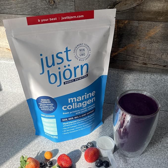 Just Bjorn Marine Collagen Peptides Powder for Women & Men - Skin, Hair, Nail and Joint Support - Hyaluronic Acid, Vitamin C, Amino Acids - Unflavored (45 Servings / 17.3 Ounce)