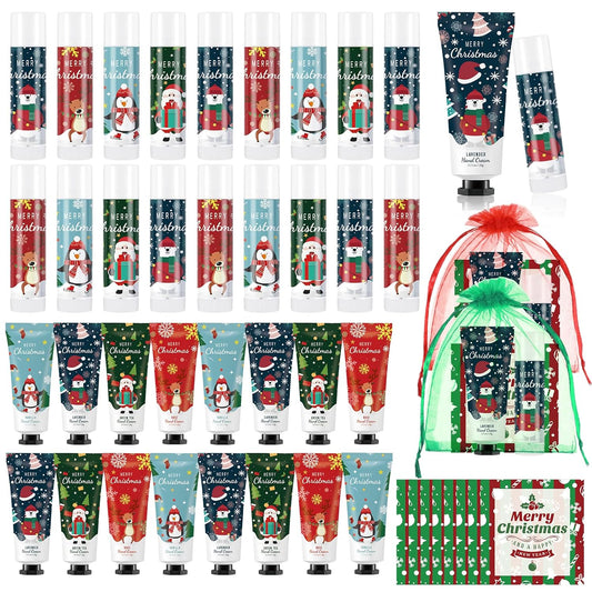 12 Set Christmas Hand Cream Gift Set, Including Moisturizing Christmas Hand Lotion, Xmas Lip Balm, Gauze Bags, Thank You Cards Natural Fragrant Xmas Cream with Lip Balm Gifts