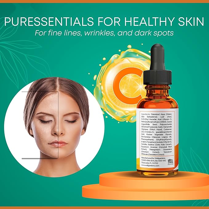 100% Pure Vitamin C Serum for Face - Anti Aging Face Serum - Vitamin C Face Serum, Vitamin E, Hyaluronic Acid, Botanical Blend - Face Serum for Eye Area, Dark Spots, Fine Lines, Wrinkles - 2 FL OZ