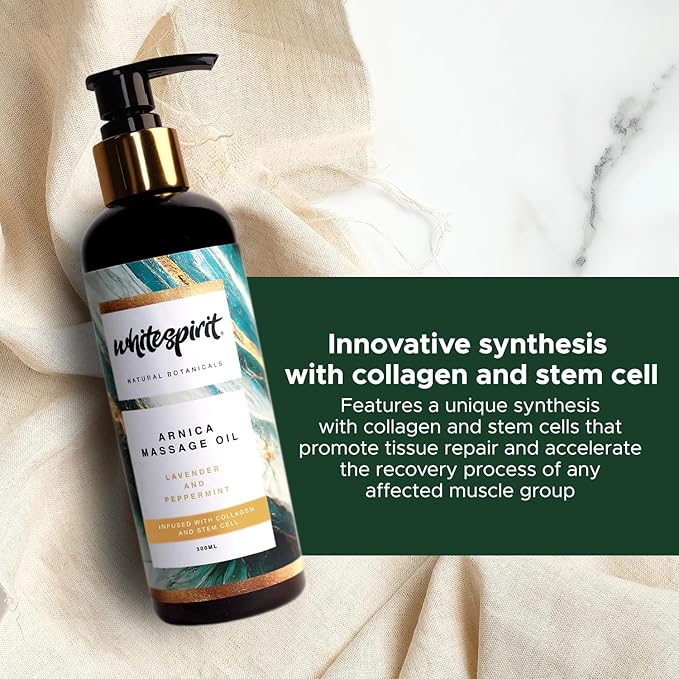 Arnica Massage Oil for Massage Therapy by WHITESPIRIT Sore Muscle Massage Oil for Body, Lavender & Peppermint, Infused with Collagen & Stem Cell, 10oz/300ml