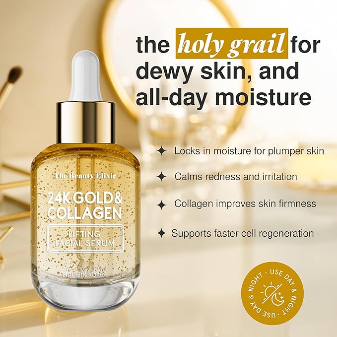 Collagen Serum For Face with 24k Gold - Dermatologist Tested - Anti Aging, Ultra Hydrating, Fine Lines & Wrinkle Treatment - Clean Beauty Korean Skin Care for All Skin Types - 1.69oz