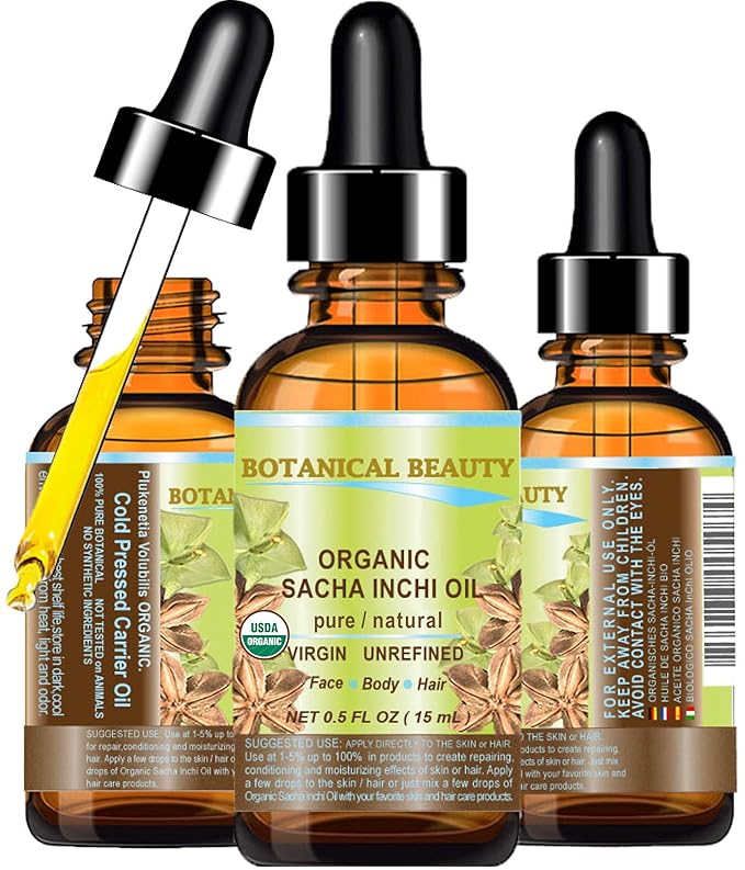 Botanical Beauty Organic SACHA INCHI OIL 100% Natural Pure Undiluted Virgin Unrefined Cold Pressed Carrier Certified Organic Oil 0.5 Fl.oz.- 15 ml. For Face, Skin, Hair, Lip, Nails, Rich in Vitamin E