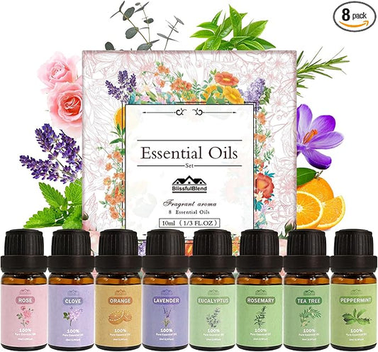8 Pack 10 ML 2025 Pure Aromatherapy Essential Oil Set Pure Essential Oil Kit for Diffuser for Home,Candle Making Peppermint, Lavender,Eucalyptus,Tea Tree,Rose, Rosemary,Clove Orange