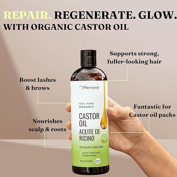 Castor Oil 16 OZ- Aceite de Ricino - Cold Pressed 100% Pure, Certified Organic, Hexane Free for Eyelashes, Eyebrows, Frizzy, Hair Growth Women and Men, Beard Growth