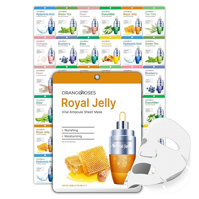 【 Orangeroses 】 30 Pcs Combo Pack Vital Ampoule Sheet Mask, Korean Facial Skincare Sheet | Simple & Effective Skincare Routine | Moisturization | Wrinkle Care | Brightening