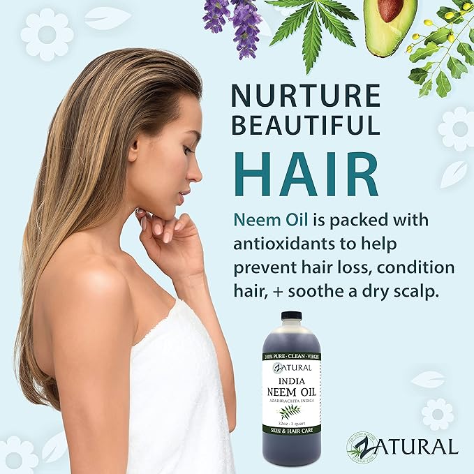 Zatural 100% Pure Neem Oil - Undiluted, Cold-Pressed, For Hair, Skin, and Nails, 32 oz
