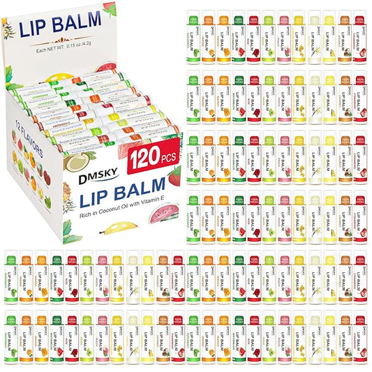 DMSKY 120 Pack Lip Balm, Natural Lip Balm Bulk with Vitamin E and Coconut Oil, Moisturizing Lip Balms for Chapped Lips-12 Flavors