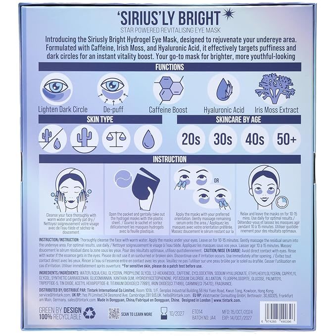 'SIRIUS'LY BRIGHT Under Eye Patches 28 Pairs, Reduce Dark Circles Puffiness Bags, Rejuvenate Eye Mask, Eye Gel Pads with Caffeine Boost, Hyaluronic acid, Iris Moss Extract, Gifts for Women and Men