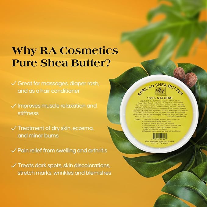 RA Cosmetics 100% Pure and Natural African Shea Butter - Handcrafted Moisturizer with Essential Vitamins for Radiant Skin and Luscious Hair - 32 oz Jar