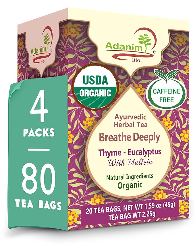 Adanim Bio Eucalyptus Mullein Tea, 40 Teabags of Organic Eucalyptus, Thyme, and Mullein. Providing Health Benefits to the Lungs. USDA-certified and Kosher tea
