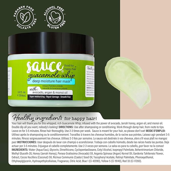 SAUCE BEAUTY Guacamole Whip Hair Mask - Deep Conditioning Hair Mask for All Hair Types w/Avocado, Honey & Argan Oil - 12 Fl Oz Hair Mask for Dry, Damaged & Frizzy Hair (Guacamole)