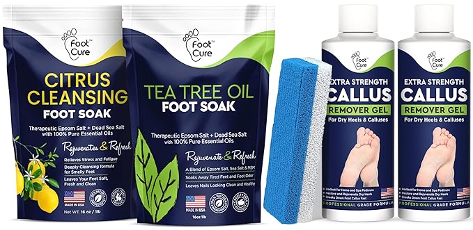 Tea Tree Oil & Citrus Detox Foot Soak with Epsom Salts & Callus Remover for Feet with Extra Strength Gel & Foot Pumice Stone Set