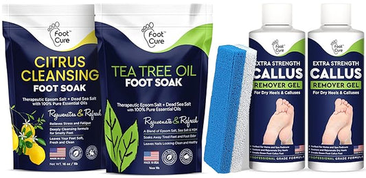 Tea Tree Oil & Citrus Detox Foot Soak with Epsom Salts & Callus Remover for Feet with Extra Strength Gel & Foot Pumice Stone Set
