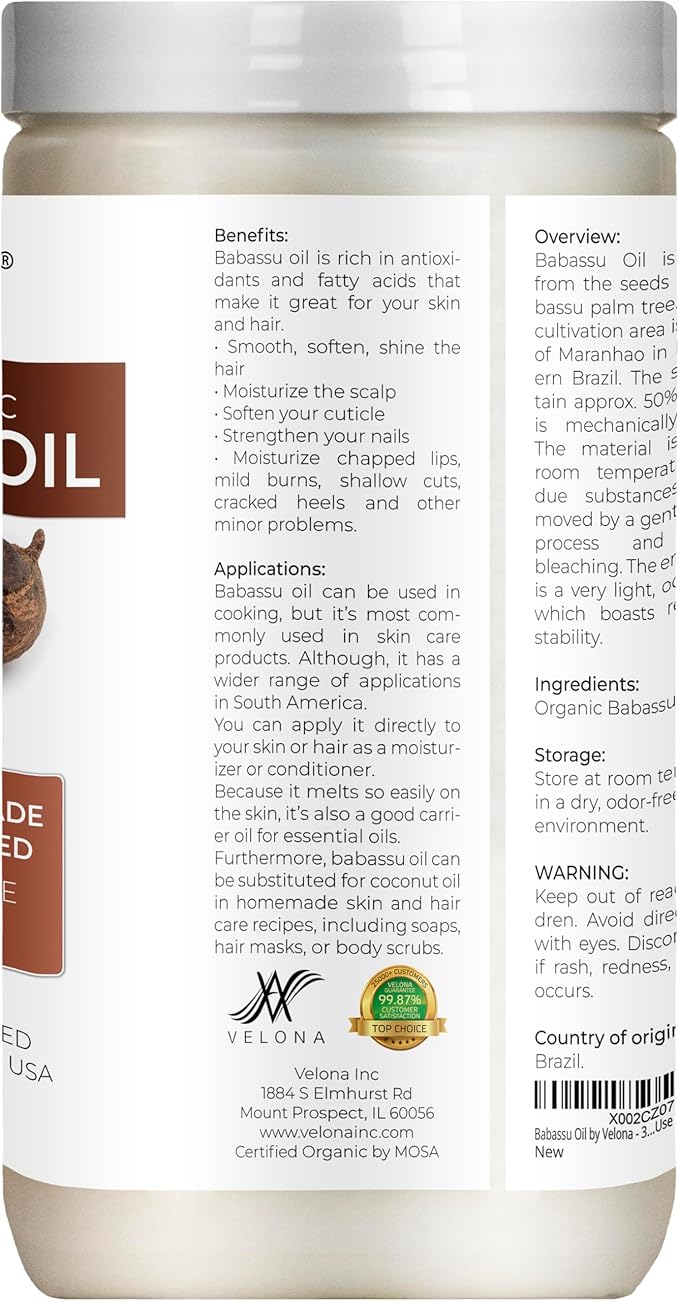 velona Babassu Oil USDA Certified Organic - 64 Fl Oz | 100% Pure and Natural Carrier Oil | Refined, Cold Pressed