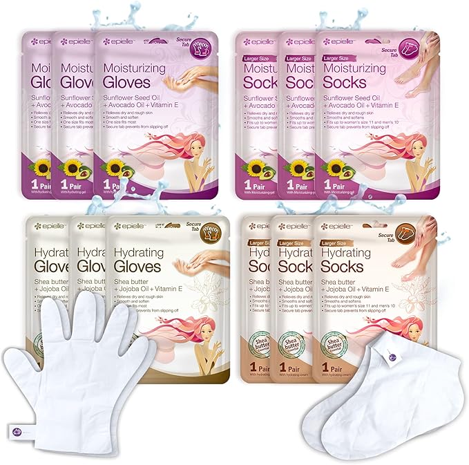 Epielle Hydrating & Moisturizing Gloves & Socks Combo, 12 Pairs Hand and Foot Masks for Dry Hands and Dry, Cracked Heels, Easter Gifts, Mother's Day Gifts, Teacher's Appreciation