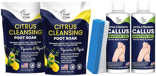 Citrus Detox Foot Soak with Epsom Salts for Foot Callus, Immune Boost, Damaged Toenail, Athletes Foot, Pedicure Callus Remover for Feet with Extra Strength Gel & Foot Pumice Stone Set