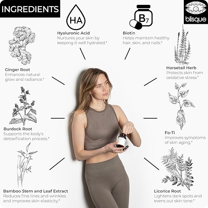 Blisque - Natural Beauty Supplement for Nail Strength, Hair Growth, and Skin Care | with Biotin & Hyaluronic Acid | Doctor Approved | Vegan and Non-GMO | 90 Capsules