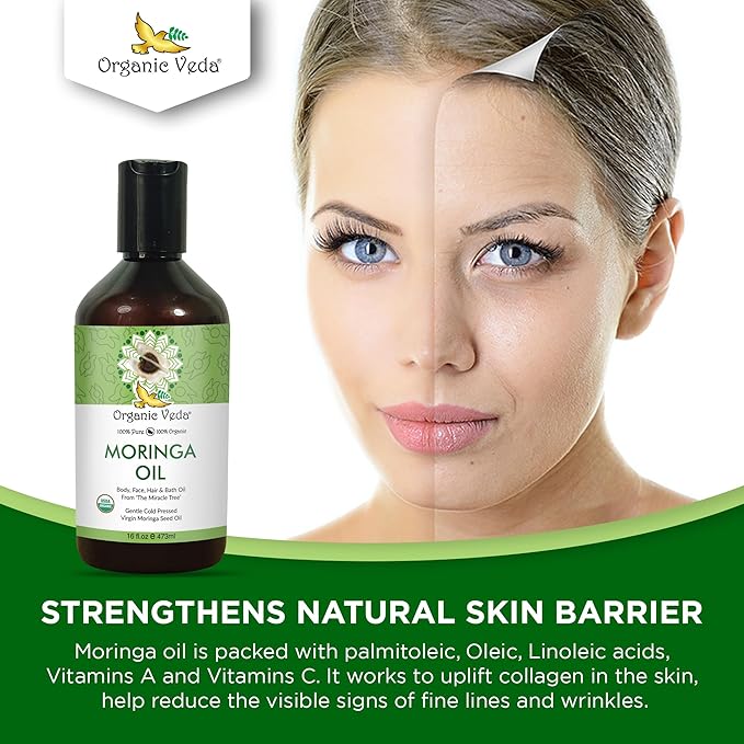Organic Veda Moringa Oil - Pure Cold Pressed Organic Moringa Seed Oil - Natural Face Oil for Women, Moisturizing Hair Oil - Virgin Moringa Oleifera Oil for Skin, Body, Scalp Care & Nails - 16 fl.oz