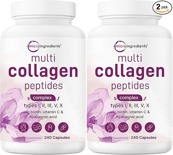Micro Ingredients 2 Pack Multi Collagen Pills for Women & Men, 480 Capsules | Type I, II, III, V, X - Hydrolyzed Peptides with Biotin, Hyaluronic Acid & Vitamin C | Hair, Skin, Nail & Joint Support