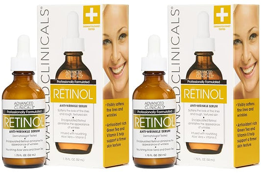 Advanced Clinicals Retinol Serum For Face | Visible Anti Aging Retinol Serum Skin Care Face Moisturizer With Vitamin E Helps Improve Look Of Wrinkles, Fine Lines, & Uneven Skin Tone, 2-Pack