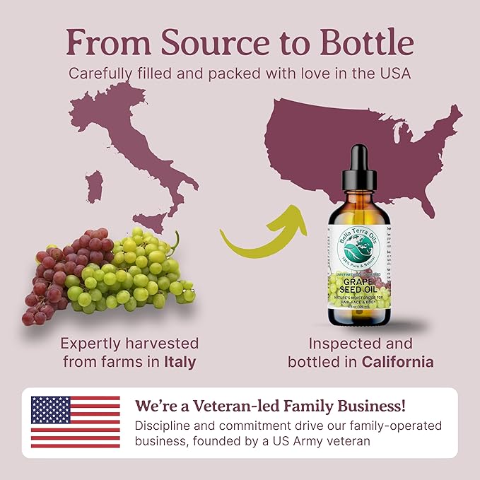 Bella Terra Oils - Organic Grape Seed Oil 16 oz - Celebrate the Essence of Cold-Pressed Organic Grapes, Rich in Vitamin D & Beta-carotene, The Ultimate Skin Nourishing Experience