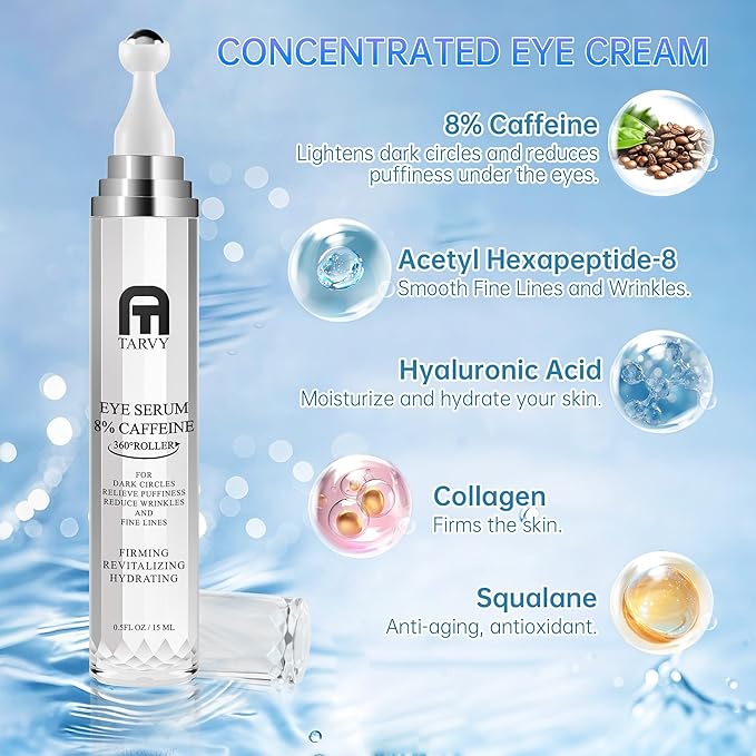 Eye Serum, Under Eye Cream For Dark Circles, 8% Caffeine Eye Serum For Women & Men, Eye Cream Anti Aging With 360° Massage Ball, Eye Cream For Puffiness And Bags Under Eyes, Eye Serum For Fine Lines