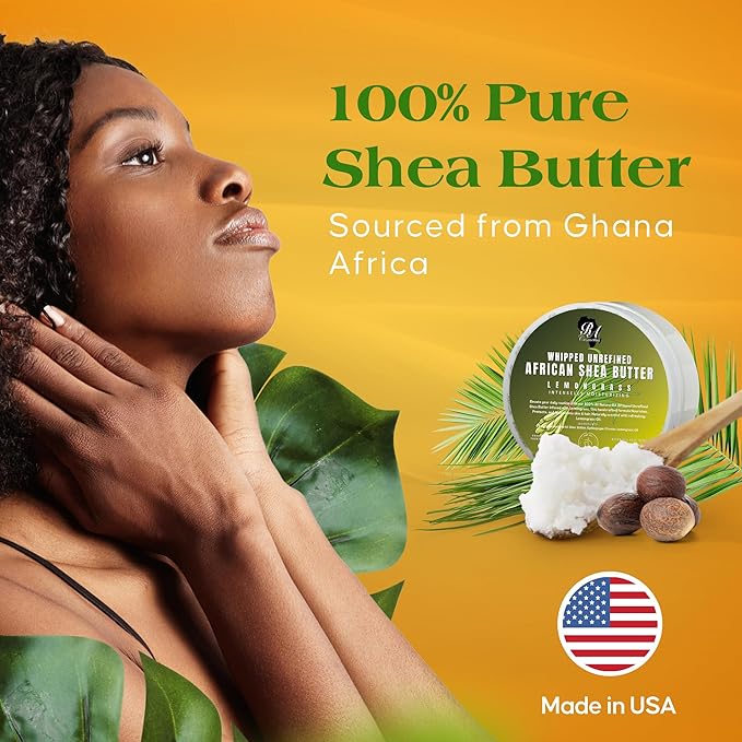 RA COSMETICS Whipped Shea Butter Lemongrass - 100% Pure and Natural African Shea Butter - Ultimate Handcrafted Moisturizer with Essential Vitamins for Radiant Skin and Luscious Hair - 6oz Jar