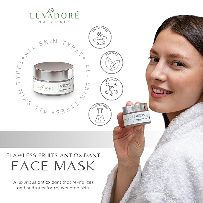 Flawless Fruits Antioxidant Mask – Lavender and Peach Face Masks Skincare Enriched with Red Wine, Green Tea Extracts – Revitalizing CoQ10 Hydrating Face Mask Improves Elasticity