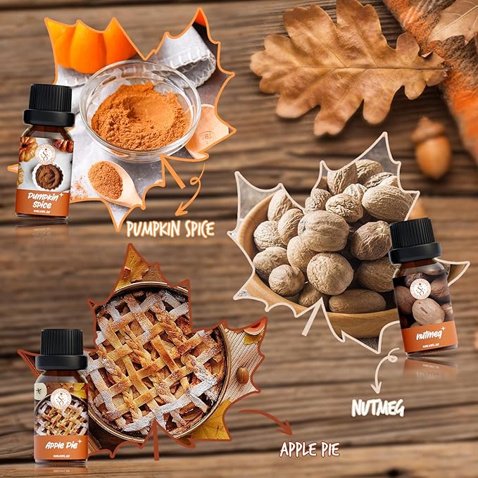 Autumn Essential Oils Set, Fragrance Oil Gift Set for Oil Diffusers, Scented Oils for Soap Candle Making 6x10ml - Pumpkin Spice, Nutmeg, Apple Pie, Autumn Harvest, Cinnamon, and Maple Syrup