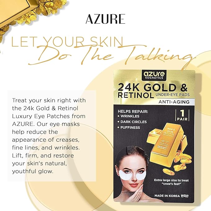 AZURE 24K Gold & Retinol Anti Aging Under Eye Patches - Firming, Restoring & Deeply Hydrating Eye Mask - Reduces Fine Lines, Wrinkles, Dark Circles & Puffiness - Skin Care Made in Korea - 10 Pairs