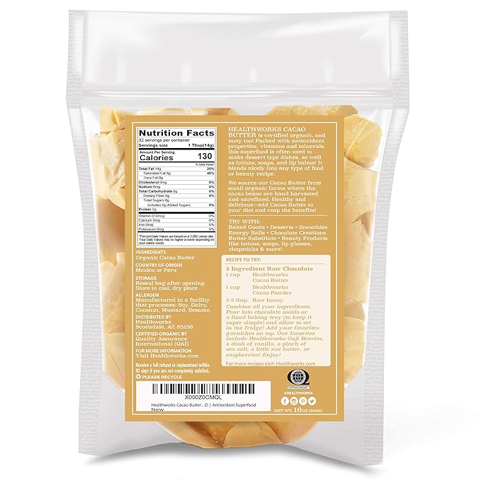 Healthworks Superfoods Organic Cacao Butter - 16 Oz / 1 Lb - USDA Certified Organic from Peru - Unrefined Non-Deodorized Cocoa - Sugar-Free, Keto, Vegan & Non-GMO - Antioxidant Superfood