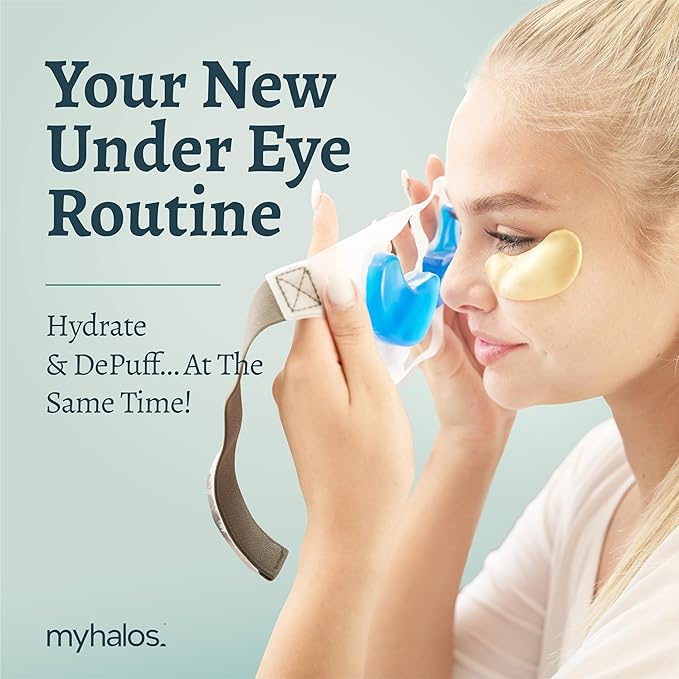 MyHalos Patented Eye Ice Pack for Puffy Eyes Set - Under Eye Masks for Dark Circles and Puffiness- 24 Eye Patches for Wrinkles - Under Eye Ice Pack With Under Eye Patches - Cold Eye Mask for Puffiness