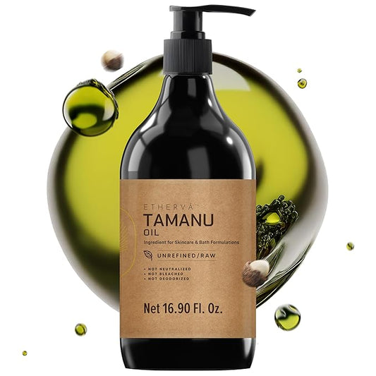 ETHERVA Tamanu Oil | No Chemicals | Natural Scent | Unrefined, Raw, Cold Pressed, Solidifies in Winter | Wild Grown Organic Indian Origin | DIY Face, Body, Scalp & Hair | PET Bottle 16.9 Fl Oz