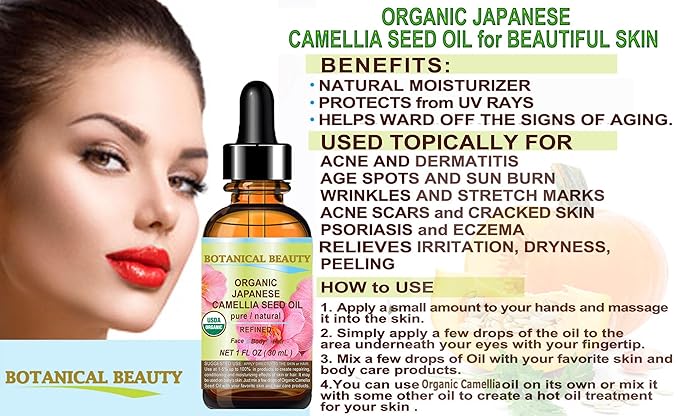 Botanical Beauty Japanese ORGANIC CAMELLIA Seed Oil. 100% Pure Natural Undiluted Refined Cold Pressed Carrier Oil to revitalize and rejuvenate the hair, skin and nails. 4 Fl. oz 120 ml