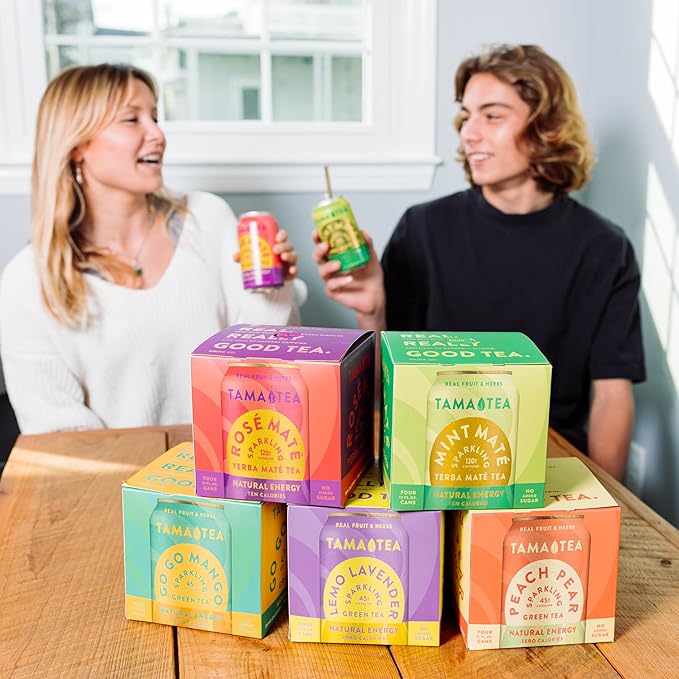 Sparkling Mango Green Tea by Tama Tea - Made with Real Fruit & Herbs - Zero Sugar, Zero Calories, Non-GMO - Naturally Energizing Green Tea High in Antioxidants & Nootropics - Pack of 12