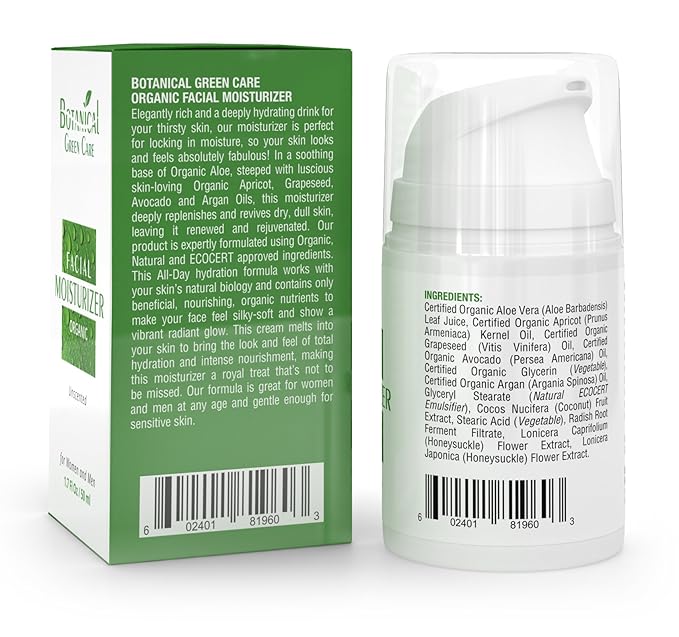 Botanical Green Care Organic Facial Moisturizer. Natural Anti Aging Face Moisturizing Cream for Sensitive, Dry & Normal Skin for Women and Men