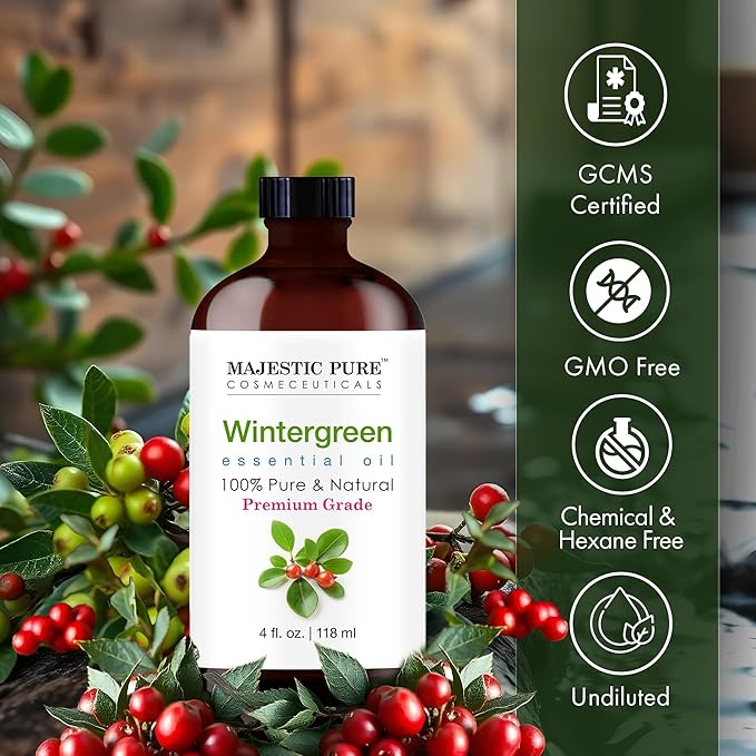 MAJESTIC PURE Wintergreen Essential Oil | 100% Pure and Natural Oil | Premium Grade Essential Oils for Hair Care, Home Diffusers, Skin, Aromatherapy, Massage and Humidifiers | 4 Fl Oz