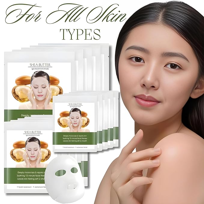 Shea Butter Facial Sheet Mask | Intense Moisture Daily Hydrating Face Masks | Face Moisturizer Skin Care Sheet | Korean Skincare | Not Tested on Animals [10 Sheets]