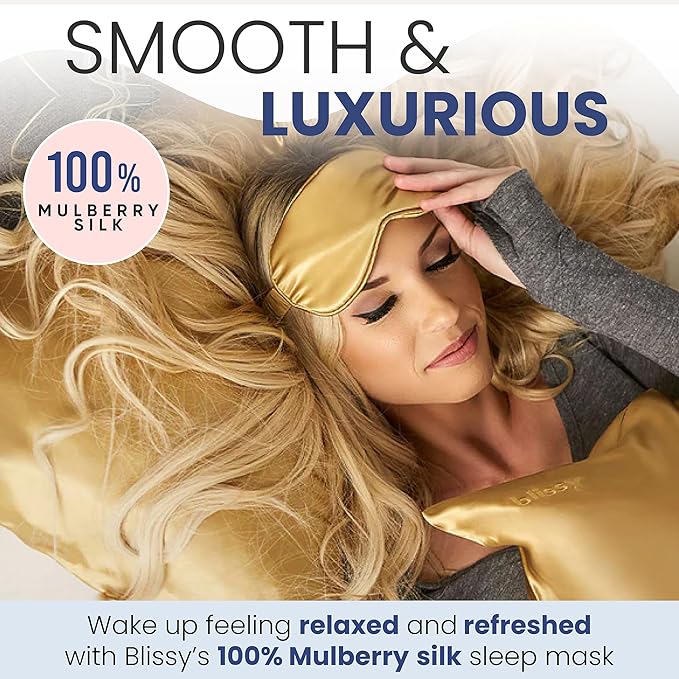 Blissy Silk Sleep Mask - Silk Eye Sleeping Mask for Women & Men for Total Blackout - 100% Pure Mulberry Silk, 22 Momme 6a Fibers - Blindfold Silk Sleep Mask Side Sleeper Eye Cover (Gold)
