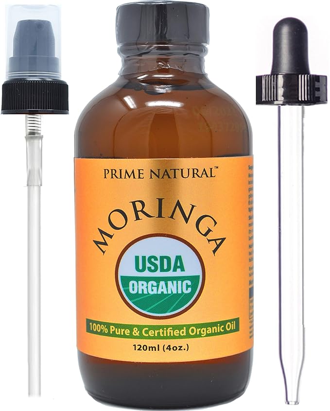 PRIME NATURAL Organic Moringa Oil USDA Certified, 100% Pure, Cold Pressed, Virgin, Unrefined Oil (4oz /120ml) - Joints, Skin, Face, Body & Hair - Vegan - Food Grade - Natural Moisturizer