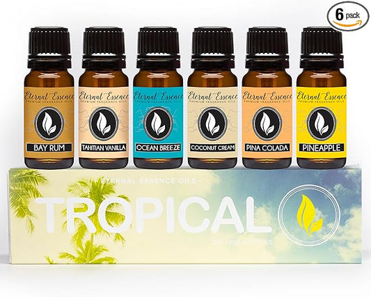 Eternal Essence Oils Tropical Set of 6 Premium Fragrance Oils - Includes Coconut Cream, Bay Rum, Pina Colada, Tahitian Vanilla, Ocean Breeze, and Pineapple Scented Oils - 10ML