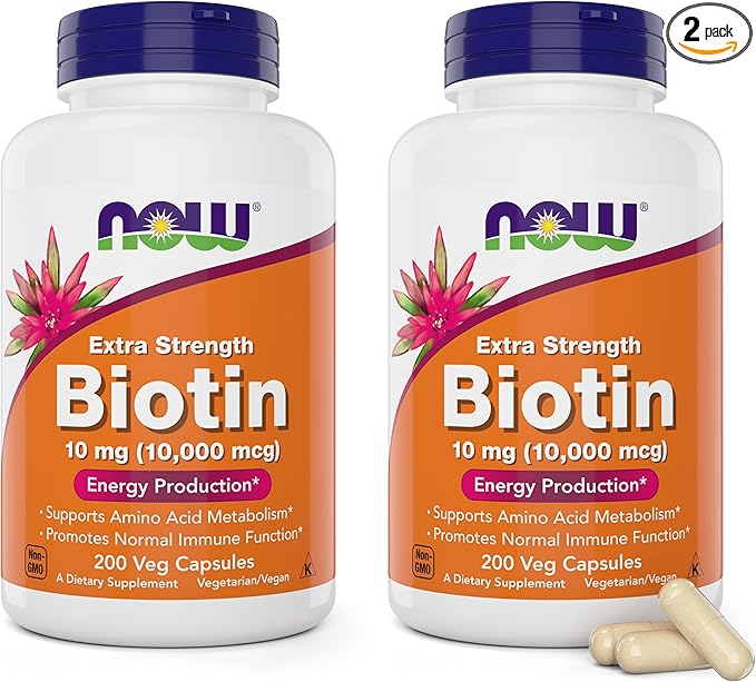 NOW Foods Extra Strength Biotin 10000mcg / 10 mg - 200 Veg Capsules (Pack of 2) - Hair, Skin, Nail - Supplement for Men and Women - B7 Vitamin - Vegetarian, Vegan, Non-GMO