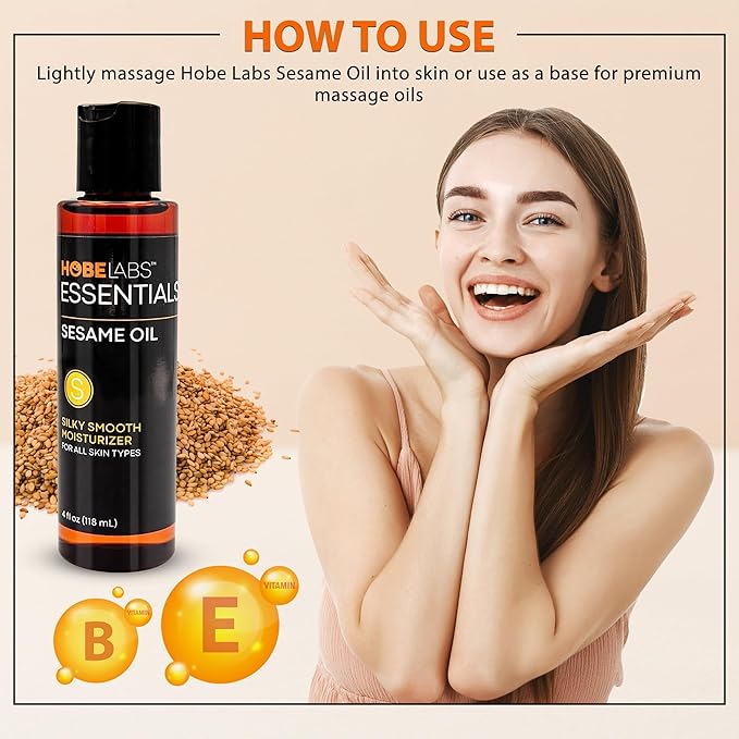 Hobe Labs Sesame Oil - 4 oz - Natural Moisturizer for All Skin Types, Antioxidant & Vitamin Rich Formula, Premium Massage Oil with Light Texture to Rejuvenate and Revitalize