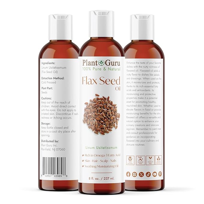 Flaxseed Oil 8 fl. oz. Unrefined Cold Pressed 100% Pure Natural Carrier For Skin, Face, Body Moisturizer, and Hair Growth.