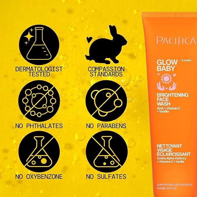 Pacifica Mini Glow Baby Brightening Facial Cleanser 1.4 oz – Vitamin C & Glycolic Acid (AHA) Face Wash– Daily Cleanser for Anti-Aging Exfoliating for Smooth, Even Glowing Skin Vegan Clean Beauty